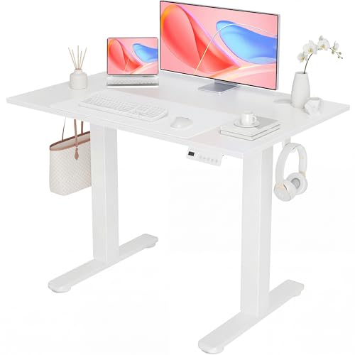 Image of YDN Electric Standing Desk Adjustable Height, 40 x 24 Inches Sit Stand up Desk with Memory Presets & Cable Management, Home Office Desk for Office & Computer Workstation, White Frame /White Top