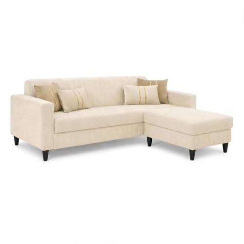 Image of Avrel 3 Seater Velvet Fabric Sofa Set with 1 Ottoman (Cream) | Soft Touch Fabric | Plush Cushions | Comfortable Living Room Seating | Stylish Living Room Sofa