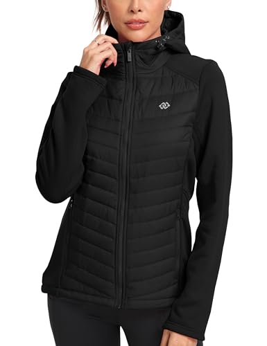 Image of MoFiz Womens Fleece Lined Softshell Jacket Hooded Lightweight Insulated Puffer Hybrid Down Jacket Full Zip Running Coat