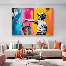 BSIibncV Boy Hold A Paint Bucket Poster Prints Abstract Graffiti Figure Canvas Painting Wall Art Picture Living Room Home Decor(80x120cm/Frameless)