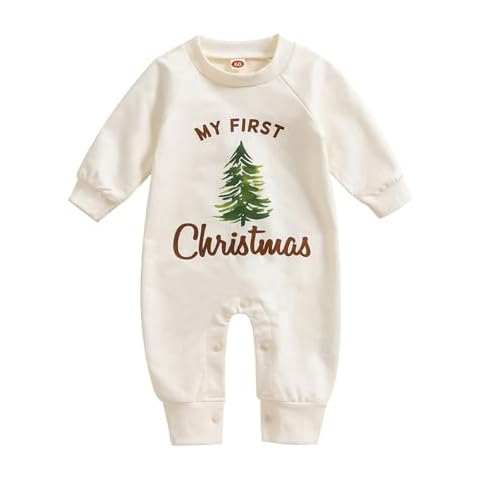 YOKJZJD Newborn Baby Boy Girl My 1st Christmas Outfit Long Sleeve Romper Jumpsuit Bodysuit Overalls Fall Winter Clothes (White, 6-12 Months) Cover