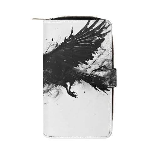 Smooth Black Crow Raven Bird Grey PU Leather Wallet, Women Men Reusable Multi-Functional Wallets Waterproof with Snap and Zipper, Large Capacity Wallet