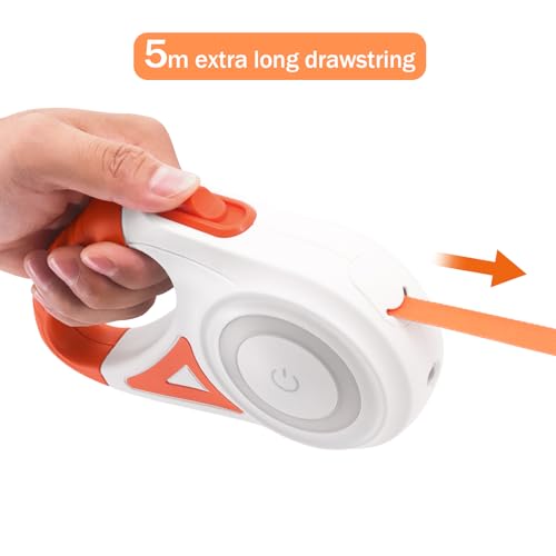 MoYouno 5 m Einziehbare Hundeleine, Strapazierfähig, Automatisch Ausziehbar, Für Kleine, Mittelgroße und Große Hunderassen bis zu 5 m 30 kg, Ausziehbare Hundeleine mit LED-Lichtern (Orange)