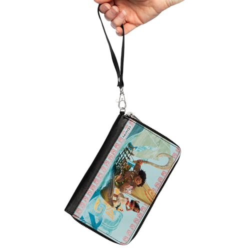 Buckle-Down Disney Wallet, Zip Around, Moana Voyage Group Pose and Tribal Icons Collage Blues, Vegan Leather2