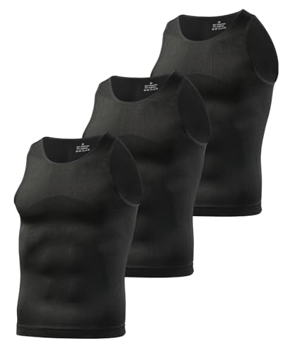 Casey Kevin 3 Pack Mens Gynecomastia Compression Shirt Slimming Shapewear Tummy for Men Sleeveless Workout Tank Top (3 Pack in Black Large)