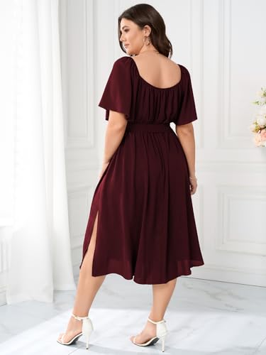 Image of Women Plus Size Cocktail Dress Short Sleeve Square Neck Belted Elegant Flowy A Line Midi Dresses with Pockets