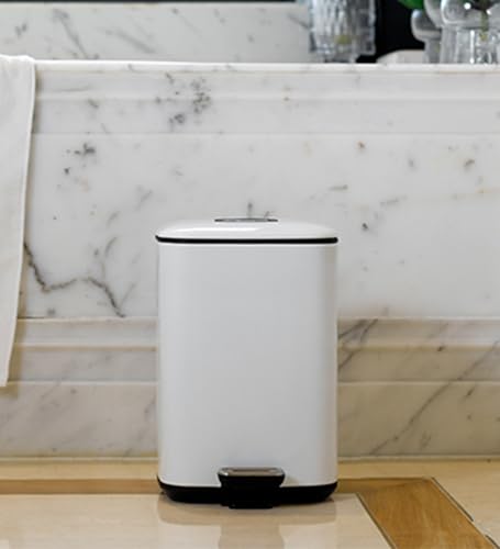 Image of Obsessions EKO Soft-Close Bathroom Trash Can - 12L Stainless Steel Pedal Bin with Lid & Liner, Elegant White Waste Basket for Home & Kitchen