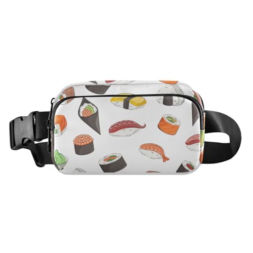 Akiraki ウエストポーチ レディース 軽量 ランニングポーチ おしゃれ 寿司 和風 和柄 ホワイト 白 可愛い スマホ対応 貴重品 小物入れ ウォーキング ボディバッグ 大容量 防水 防汗 ウエスト バッグ ユニセックス 斜め掛け 自転車 ジョギング