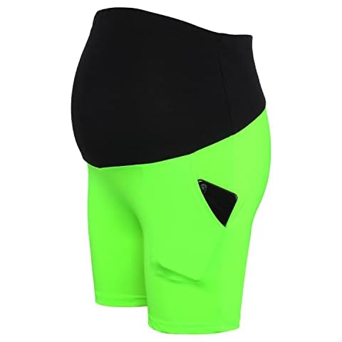 MAKARTHY Maternity Yoga Shorts Over The Belly Active Athletic Biker Shorts with Pockets, Anti Rolling Down, Green, Large Cover