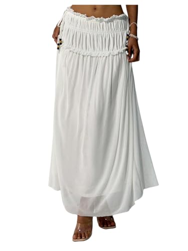 WDIRARA Women's Drawstring Side Elastic Waist Flowy Maxi Skirt Frill Trim Flared Long Dress White X-Small