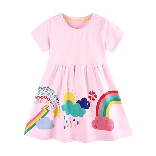 Toddler Girl Summer Dress Little Girls Cotton Short Sleeve Dresses Casual Midi Sundress for Kids 2-7 Years Purple Rainbow 7T