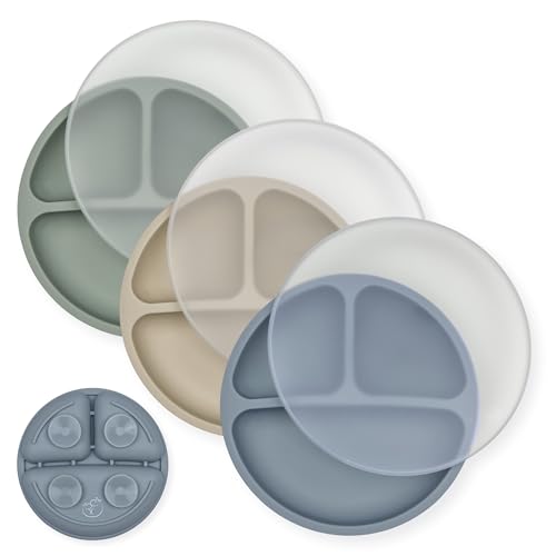 Image of Hippypotamus Toddler Plates with Suction - 100% Food-Grade Silicone Baby Plates with Lids - Microwave & Dishwasher Safe - BPA Free - Set of 3 (Fog/Nude/Sage with LIDS)