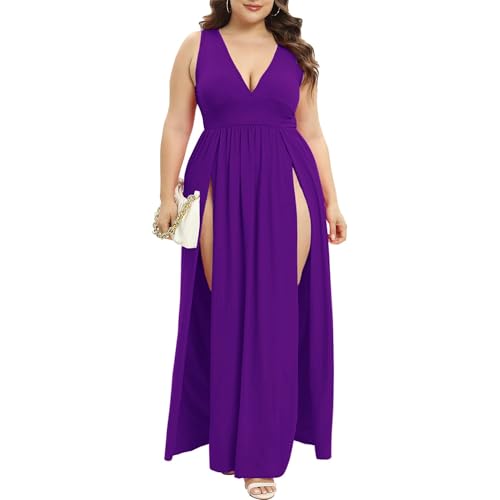 Image of SILUI Women's Summer 2026 Sexy Double High Slit Deep V Neck Plus Size Sundresses Thigh Split Maxi Club Party Dresses