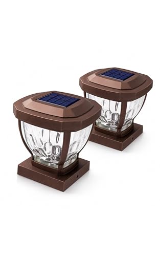 Home Zone Security Solar Post Cap Lights - Decorative Glass LED Outdoor 4x4 (3.5 x 3.5 in.) Post Lights, Bronze (2-Pack)