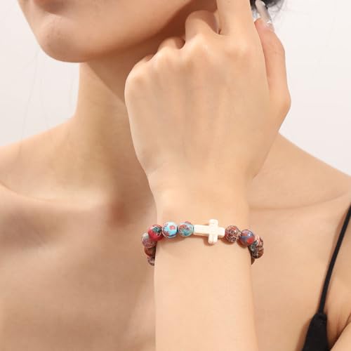Image of Cross Bracelets for Women, Christian Gifts for Women Stocking Stuffers for Teens Cross Bracelet Imperial Nature Stone Bead Bracelet Confirmation Baptism Gift for Teen Girls Christmas Religious Gift Cathlic Faith Jewelry