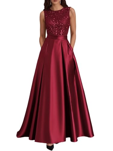 Long Satin Mother of The Bride Dress Scoop Neck Sequin Prom Party Dresses Sleeveless Ball Gown DD051
