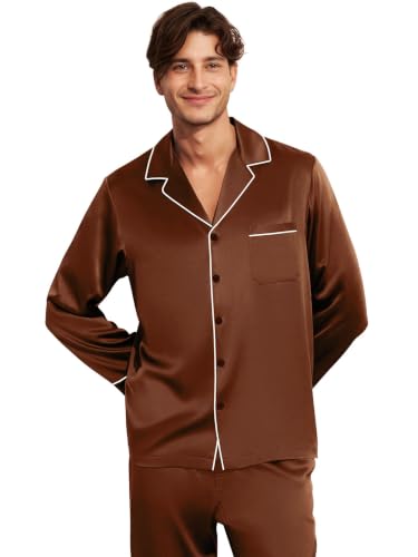Image of Lonxu Pajamas Set Mens Silk Satin Pajamas Long Sleeve Loungewear Two-Piece Sleepwear Button-Down Pj Set S-XXXXL