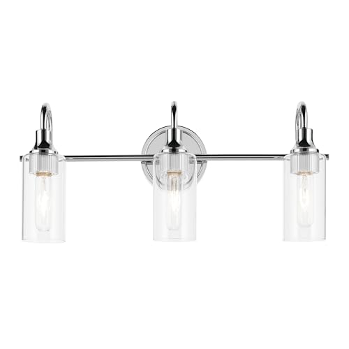 Image of Kichler Kavi 3-Light Bathroom Vanity Light, Chrome | Damp-rated vanity light with clear glass for bathroom mirrors (23 inch x 10 inch), 55211CH