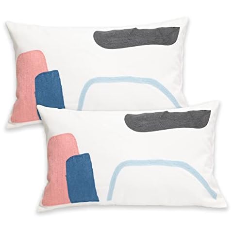 Pilmandu Set of 2 Decorative Throw Pillow Case Abstract Modern Cushion Cover Soft Cotton Linen Pillowcases 12x20 Inch (12X20 Inch, Blue Pink) Cover
