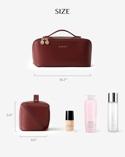 Image of EACHY Travel Makeup Bag, Large Capacity Cosmetic Bag for Women, Waterproof PU Leather, Flat Open Portable Toiletry Bag for Skincare, Brushes & Travel Essentials