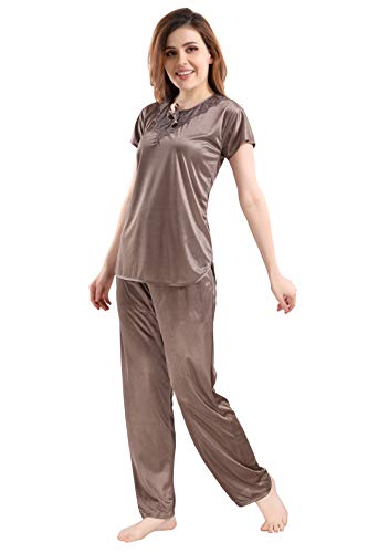 Image of Romaisa Women's Light Brown Satin Night Suit Set for Women - Stylish Pajama Set Sleepwear Lounge Wear Comfortable Nightwear