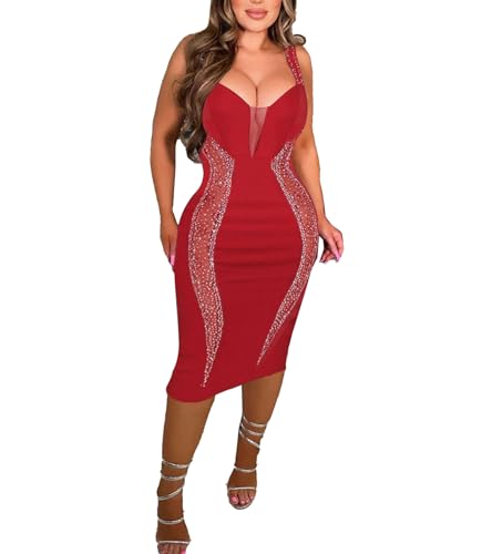 Image of Jigfar Women's Sexy Rhinestone Sheer Mesh See Through Bodycon Dress Birthday Party Club Night Outfits
