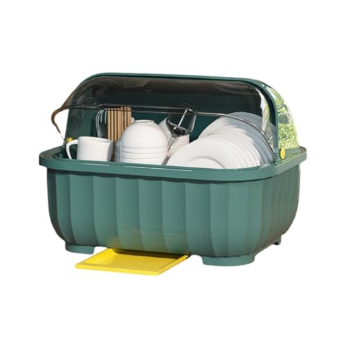 Haiyunhome 食器収納 水切りかご キッチン器棚 収納ボックス ふ大容量 Small/Medium/Large水受けトレー付き 引き出し式 蓋付き 透明 キッチン用品多機能かご 洗い物 お掃除用 家庭用 業務用 大容量 (グリーン,Medium)