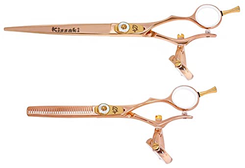 Kissaki Hair Scissors Gokatana 7.0 inches and Kanagawa 30 tooth Rose Gold W Titanium Double Swivel Hair Cutting Shears and Thinning Shears Matching Set Combo
