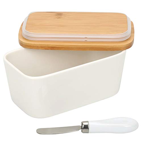 Vencier Porcelain Butter Dish With Knife and Wooden Bamboo Lid - French Style With Insulated Storage - Image 4