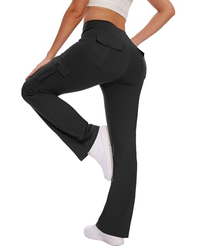 Hispotim Cargo Yoga Pants Women with Pockets Flared Leggings High Waist Casual Work Travel Bootcut Pants, Black(XL)