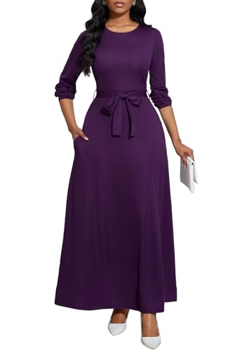 Image of BubFee Long Dress for Women Casual Long Sleeve Dresses Maxi Dress Empire Waist Loose with Belt