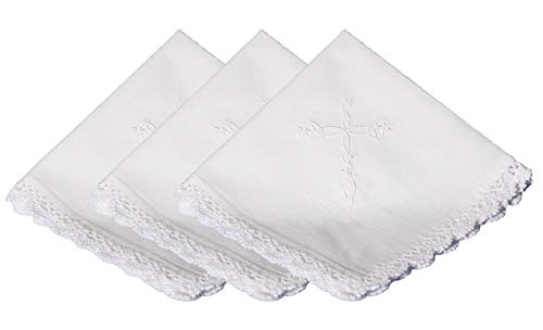 Cotton Christening Hankie Handkerchief Heirloom with Embroidered Cross - 3 Pack