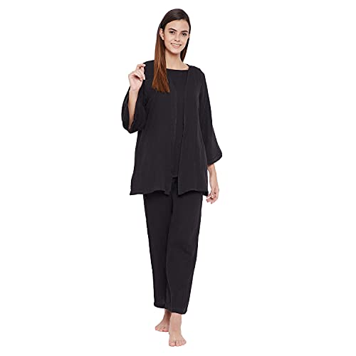 Image of The Kaftan Company Black Organic Cotton 3 Piece Pyjama Set