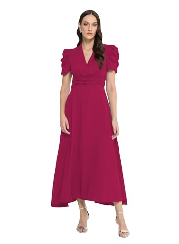 Image of Sugathari Women Women's V-Neck Maxi Dress, A-Line Style, Puff Sleeves, Cinched Waist 246