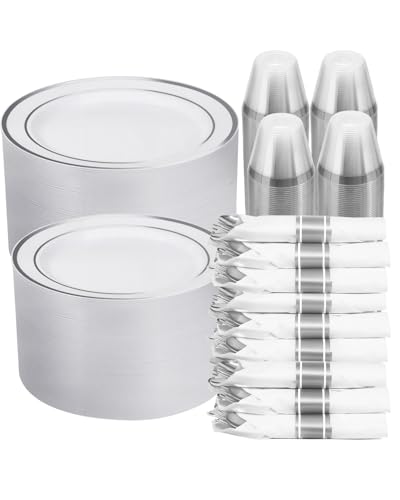700 PCS White and Silver Plastic Dinnerware Set for 100 Guests 200 Disposable Plates for Party 100 Pre Rolled Napkins with Silver Silverware 100 Cups