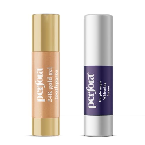 Image of Perfora Teeth Whitening Premium Pack Tooth Paste | 24K Gold Gel Whitening Toothpaste & Purple Magic Whitening Serum | With Gold Infused Whitening Formula & v34 Colour Corrector for Teeth | Pack Of 2
