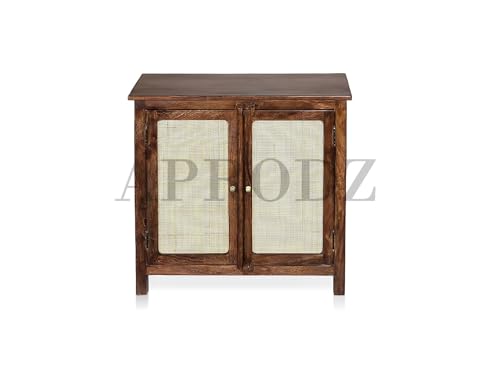 Image of APRODZ 2 Door Cabinet with Wicker Front 2 Shelves | Mango Wood Storage Organizer | Rustic Durable Stylish Wooden Furniture | Compact Design Home Decor (Brown)