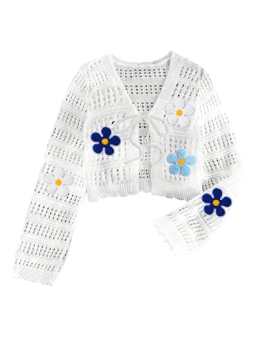Women's Floral Embroidered Crochet Sweater Cardigan Tie Front Hollow Out Knitted Crop Tops