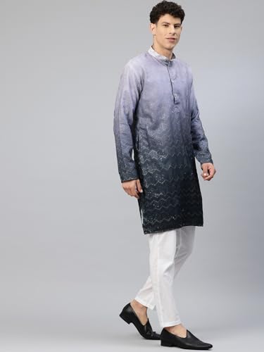 Image of Luxrio Men's Ombre Shaded Sequence Self Embroidered Textured Long Kurta Full Sleeves - Casual Ethnic Wear