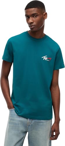 Tommy Jeans Herren T-Shirt Kurzarm Slim Sign Chest mit Logo, Grün (Polar Teal), XS – Ansicht 1