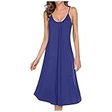 IKDXUF Women's Solid Sleeveless Round Neck Casual Loose Thin Dress Long Strap Pajama Dress for Women Blue
