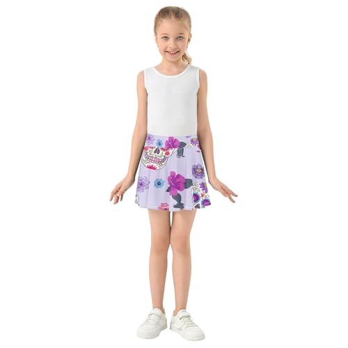 Kids Tennis Skirts Colorful Sugar Skull Floral Purple Girls Skorts Athletic Shorts Neon Flowy Skort 4t3