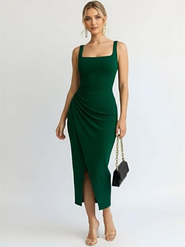 Image of Women's Sleeveless Midi Dress, Square Neck, Ruched Side, Bodycon Style with Slit