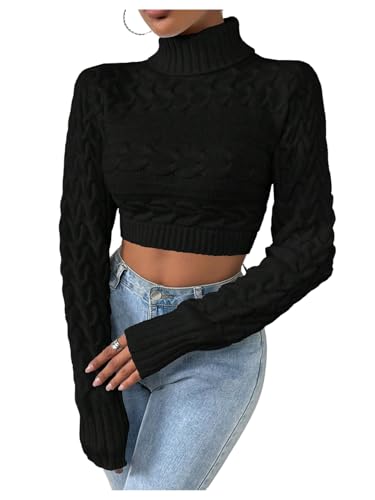 OYOANGLE Women's Cable Knit Turtleneck Sweater Long Sleeve Fitted Cropped Sweaters