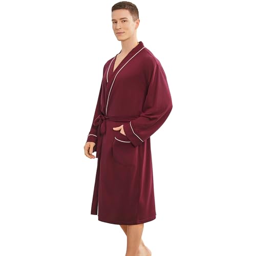 Image of Mens Lightweight Robe, Knit Kimono Bathrobe Spa Sleepwear Soft Knee Length Robe With Pockets