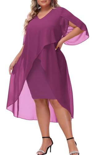 Image of Hanna Nikole Womens Plus Size Chiffon Cocktail Dress Ruffle 3 /4 Sleeve Wedding Guest Party Dresses with High Low Hem