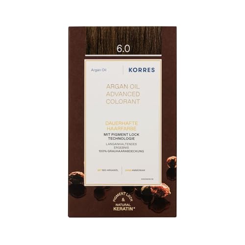 KORRES ARGAN OIL Colorant - tintura per capelli senza ammoniaca all'olio di argan biologico, Biondo scuro 6.0, 100% di copertura dei capelli bianchi e vegano