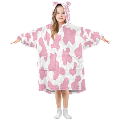 Manta de gran tamaño con capucha para niños y niñas, adorable estampado de vaca, de forro polar, con capucha, con bolsillo, para niños y adolescentes, Multicolor, 150-170