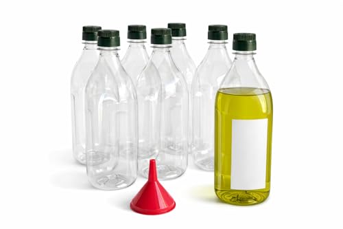 Taninea Botellas de Aceite Vacías 1 Litro de Plástico (PET) Transparente con Tapón Vertedor y Precinto de Seguridad – Pack 6 – Incluye Embudo y Etiquetas en Blanco