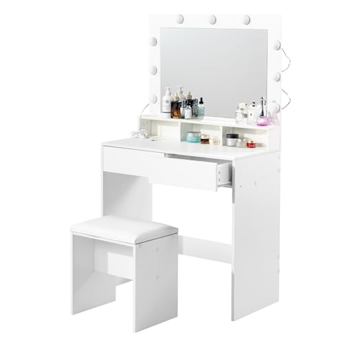 HOMYLIN Escritorio con Espejo y Luces, tocador de Maquillaje y Taburete Acolchado, tocador con cajones y Divisor de Mesa para Dormitorio, vestidor Estudio, Color Blanco